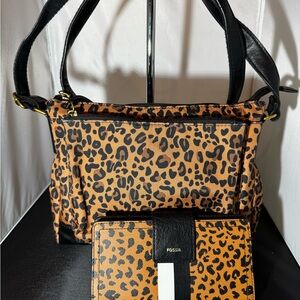 Fossil Brown and Black Shoulder Bag with Leopard Print